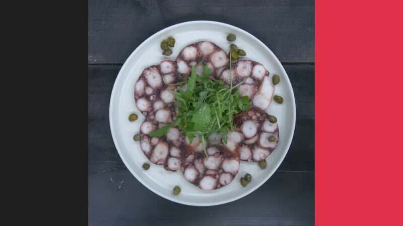 Carpaccio di Polpo con Battuto di Pomodorini,Cipollotto Fresco, Olive e Capperi - Composizione del Piatto